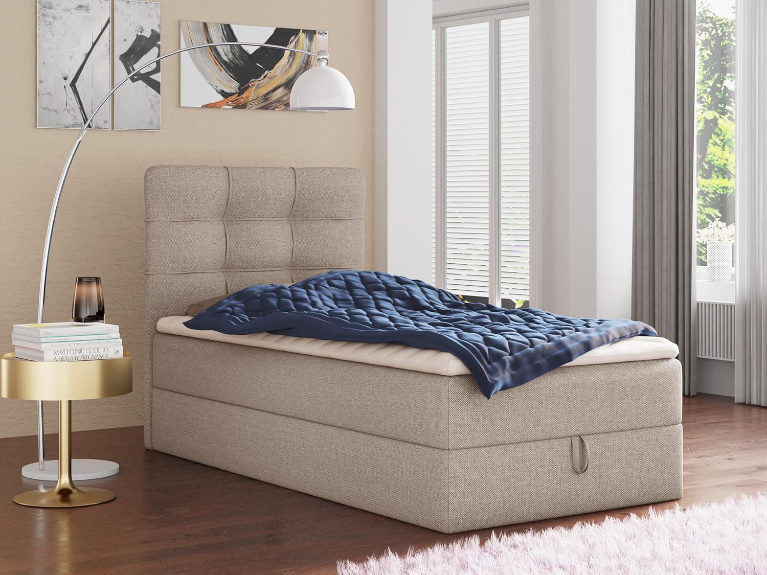 Sofnet Boxspringbett Best Mini mit Bettkasten und Matratzentopper - Einzelbett mit Bonell-Matratze und Topper, Polsterbett, Bett, Schlafzimmer (100 x 200 cm, Beige (Inari 22))