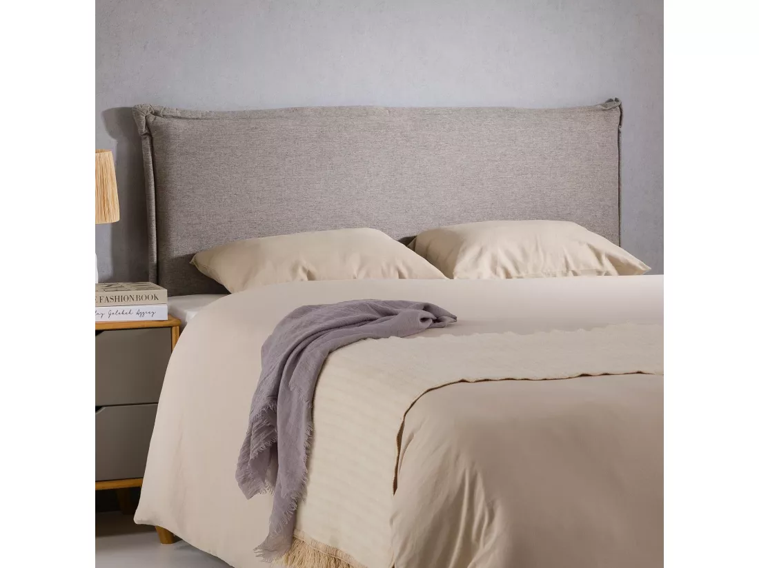 Tête de lit ISANDRE 140 rembourrée, En tissu polyester pour lit 140 cm, Sur pieds en bois, Gris