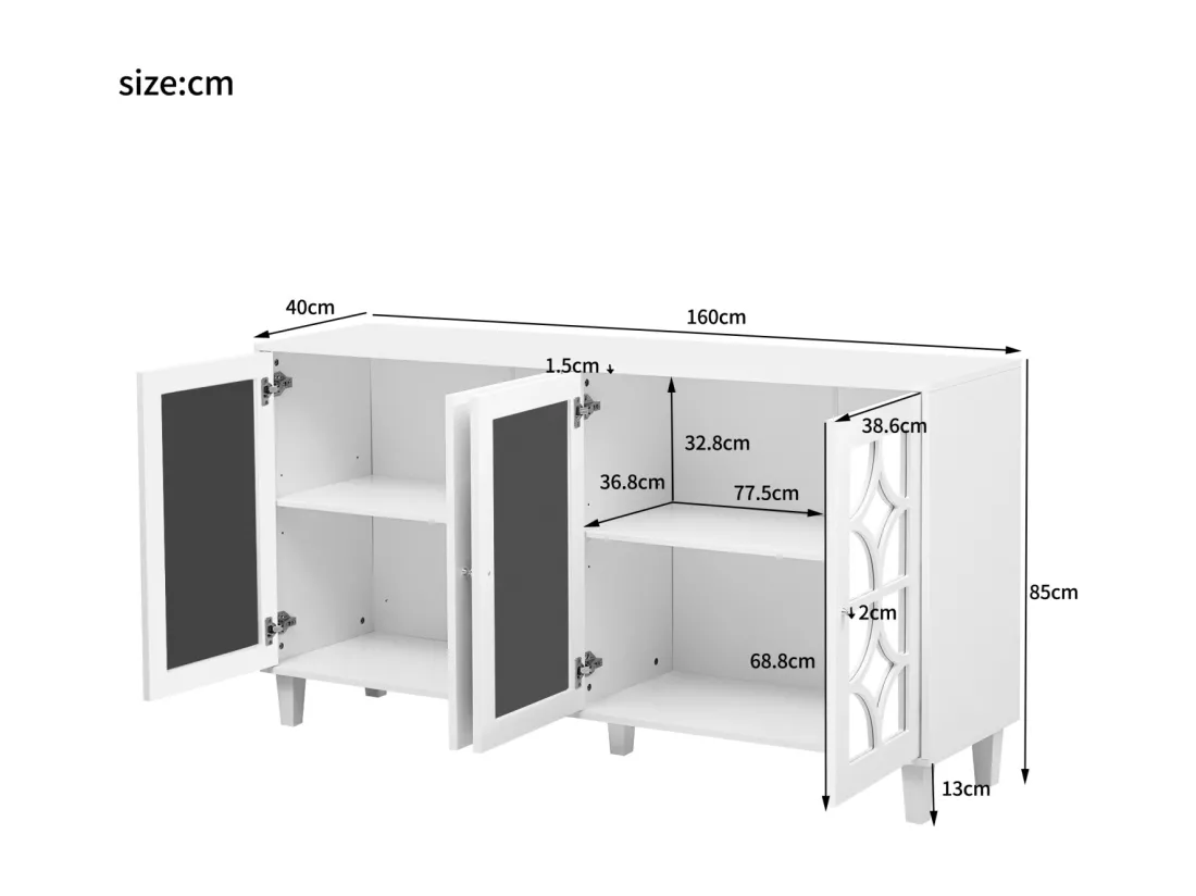 Buffet 160x40x85cm - avec 4 portes, poignées en cristal froid, stratifié mobile - pour salon et salle à manger - Blanc
