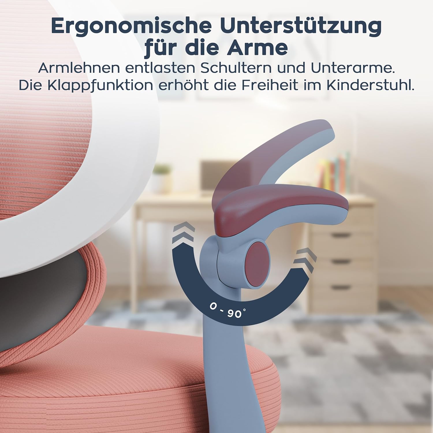 MARK ADLER Junior 4.5 | Ergonomischer Drehstuhl für Kinder & Jugendliche | Höhenverstellbar | Lordosenstütze | Klappbare Armlehnen | Schwerkraftrollen | Fußstütze | 360° Drehung | Rosa