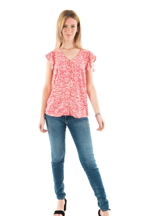 Chemisier manches courtes ichi vera 203038 calypso coral ikat aop