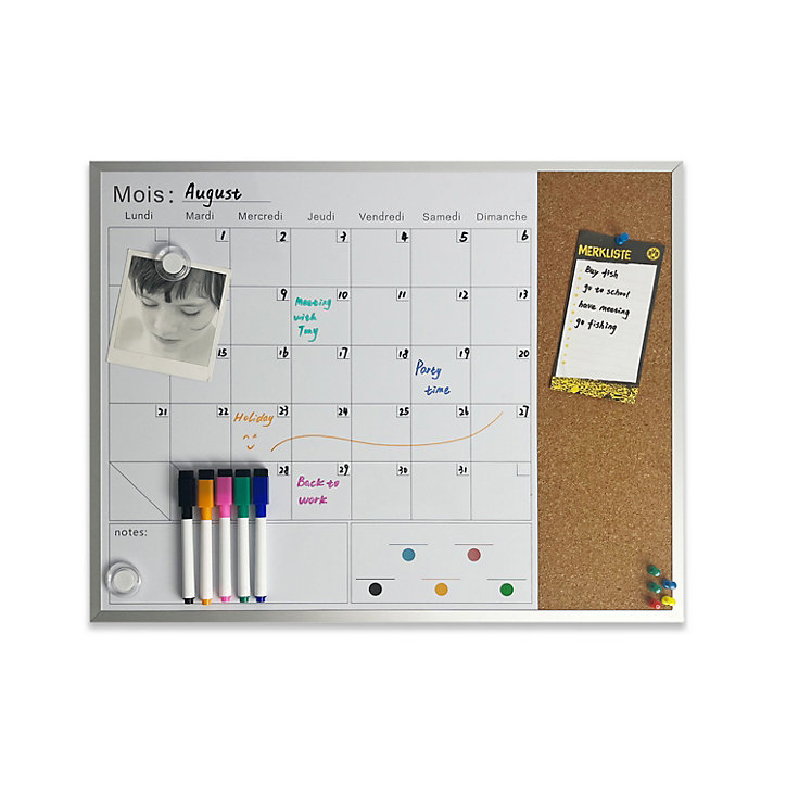 Tableau semainier effaçable magnétique et liège l.40 x H.51 cm + 5 marqueurs + 20 punaises + 2 aimants