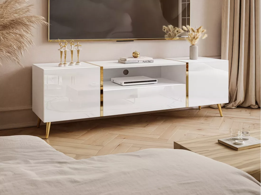 Meuble TV avec 2 portes, 1 tiroir et 1 niche - Blanc brillant et Doré - MARZIALO