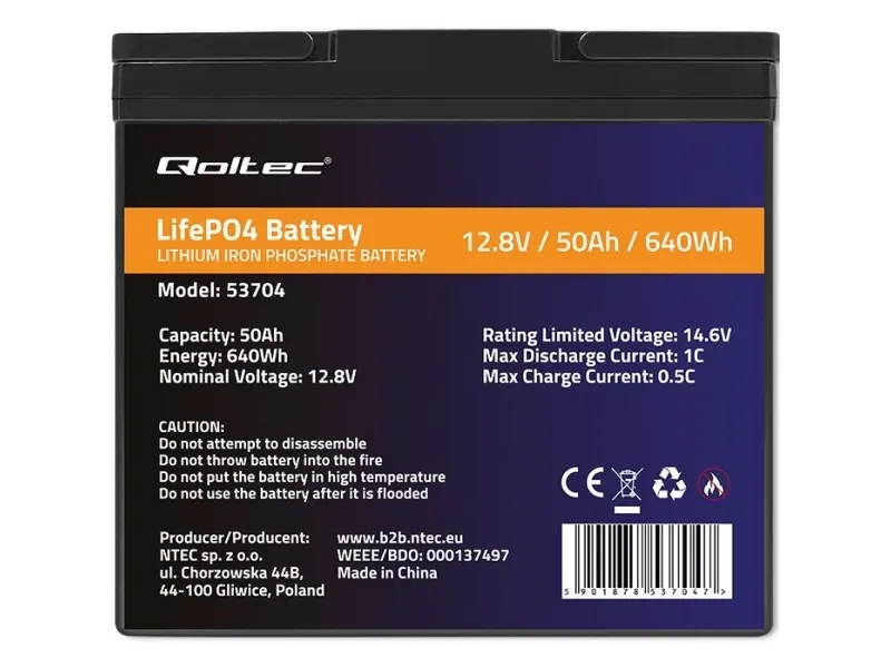 Qoltec LiFePO4 litiumjernfosfatbatteri | 12,8V | 50Ah | 640Wh| BMS