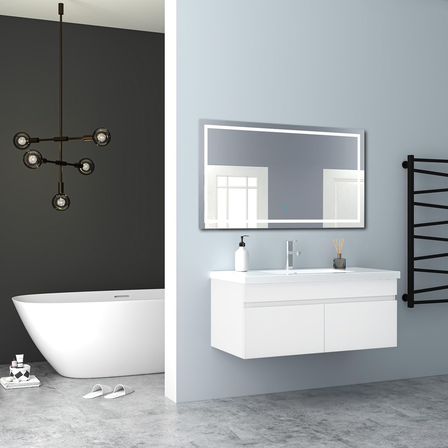 Badezimmer Badmöbel 100cm Mineralguss Waschtisch mit Unterschrank Hängeschrank Hochglanz Weiß Badezimmerschränke Badschrank mit 2 Soft-Close Türen