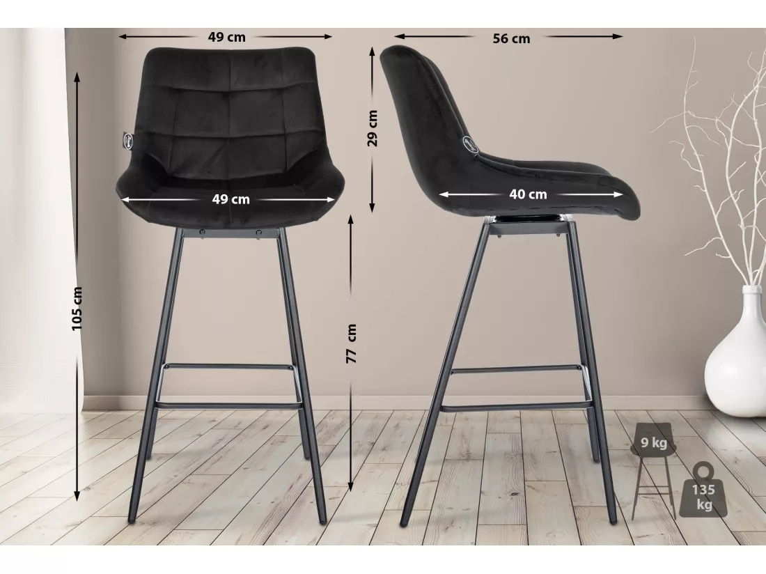 Tabouret de bar - Velours - Noir - Weston