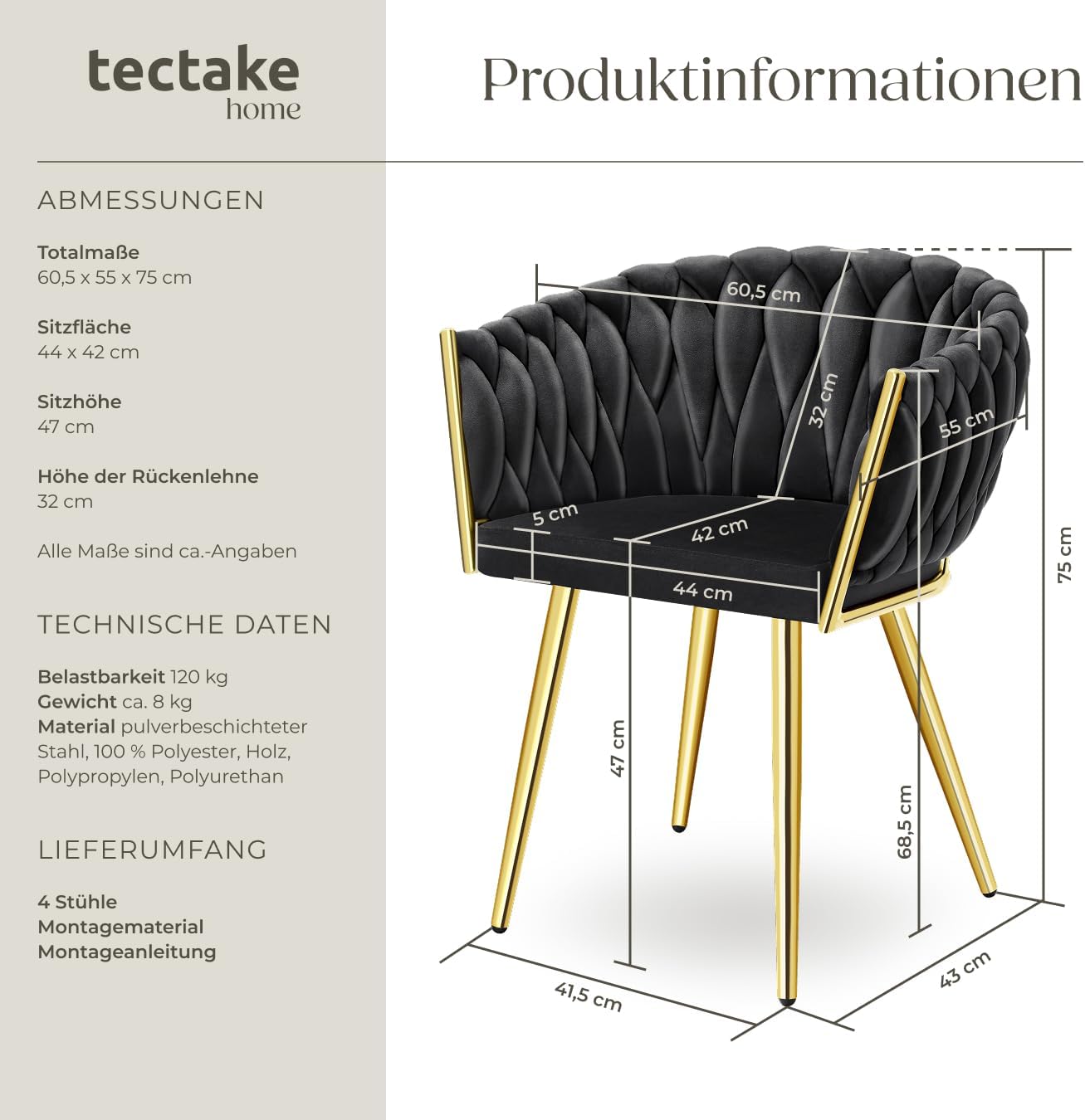 tectake® Samt Stuhl, Schalenstuhl mit Armlehne in Knoten Optik, Esszimmerstühle, Sessel modern für Wohnzimmer, Esszimmer, als Küchenstühle, für Schminktisch, Dining Chair Set - Schwarz/Gold, 4er Set