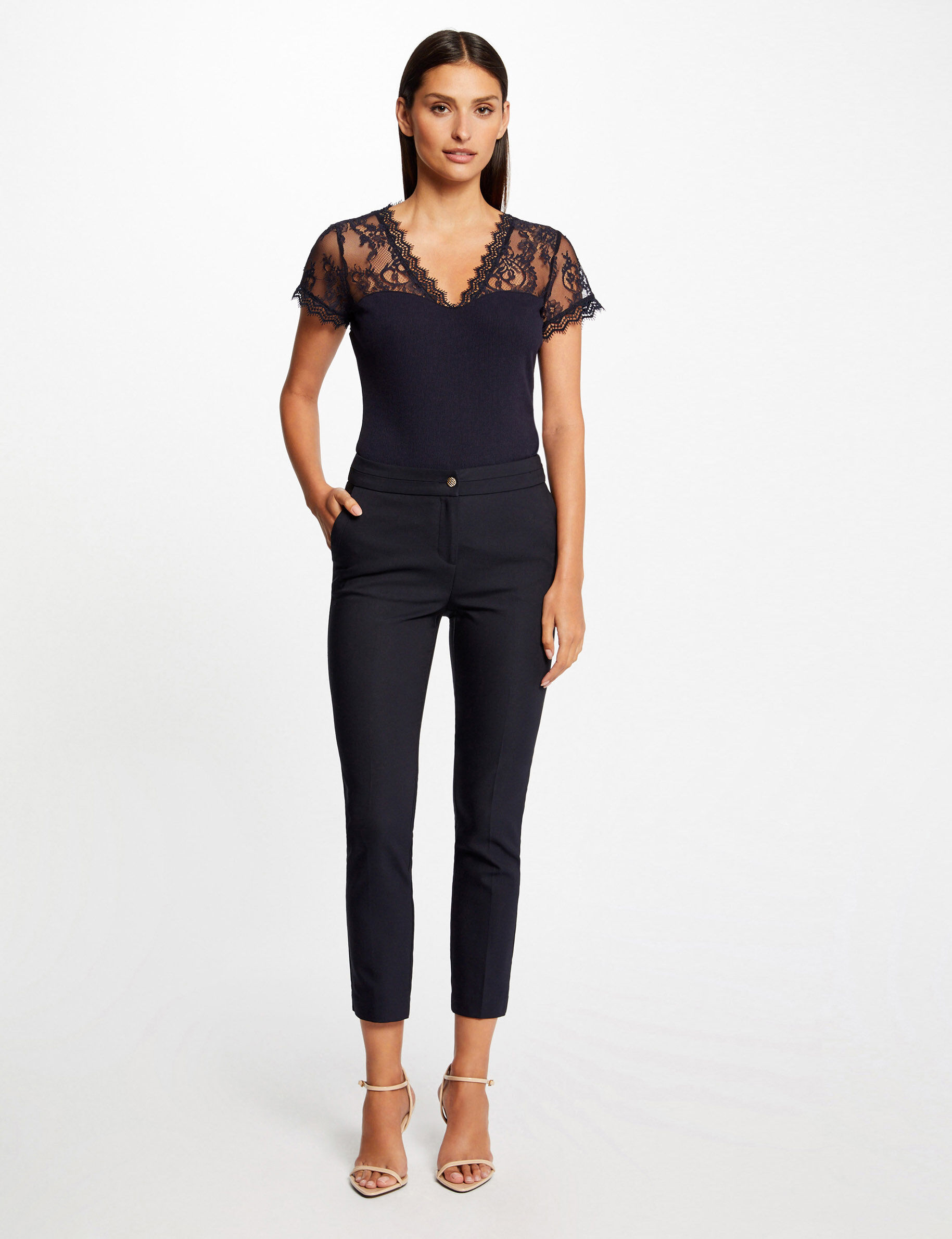 T-shirt manches courtes à dentelle marine femme - marine
