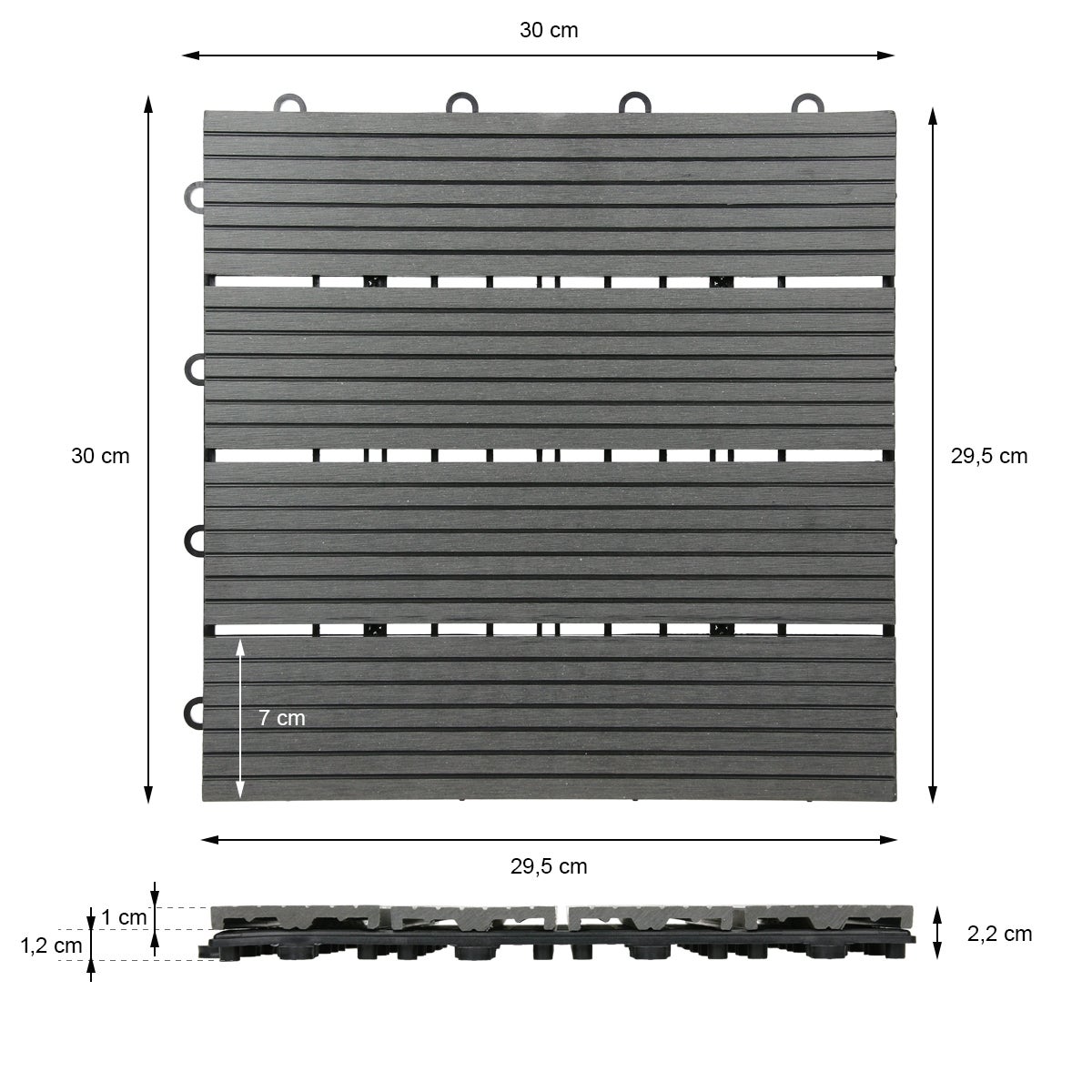 ECD Germany WPC Terrastegels 30x30 cm 44-delige voordeelverpakking voor 4 m² Antraciet houtlook voor tuinbalkonvloeren met drainage- en kliksysteem Terrasplanken Balkontegels Kliktegels Houten tegels