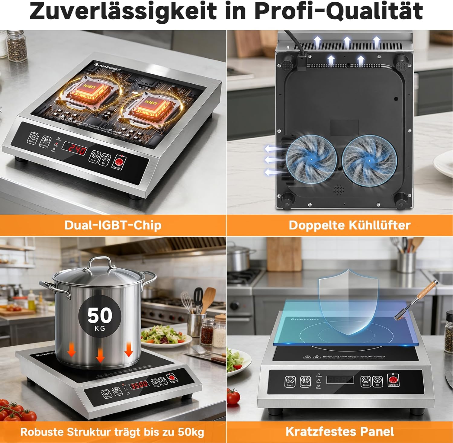 AMZCHEF Gewerbliches Induktionskochfeld 3500W, Tragbares Induktionskochplatte, 21 Leistungs- & 20 Temperaturstufen, Edelstahlgehäuse, 10H-Timer, Geeignet für Professionelle Catering Küche Restaurant