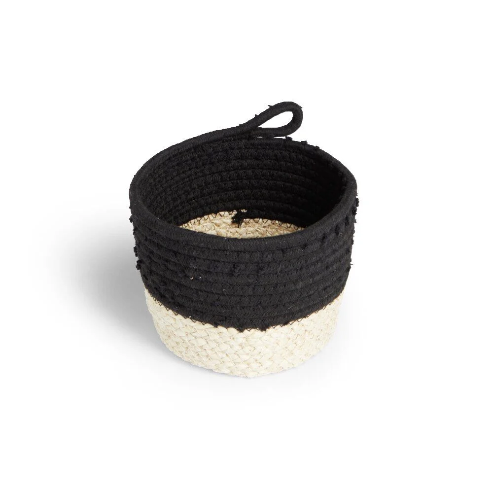 Panière naturelle jacinthe d'eau coton beige et noir Ø18xH16cm