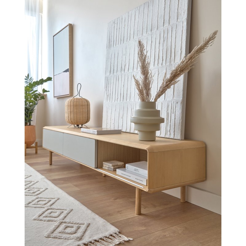 Meuble TV Anielle 2 portes en bois massif et placage de frêne 180 x 41 cm