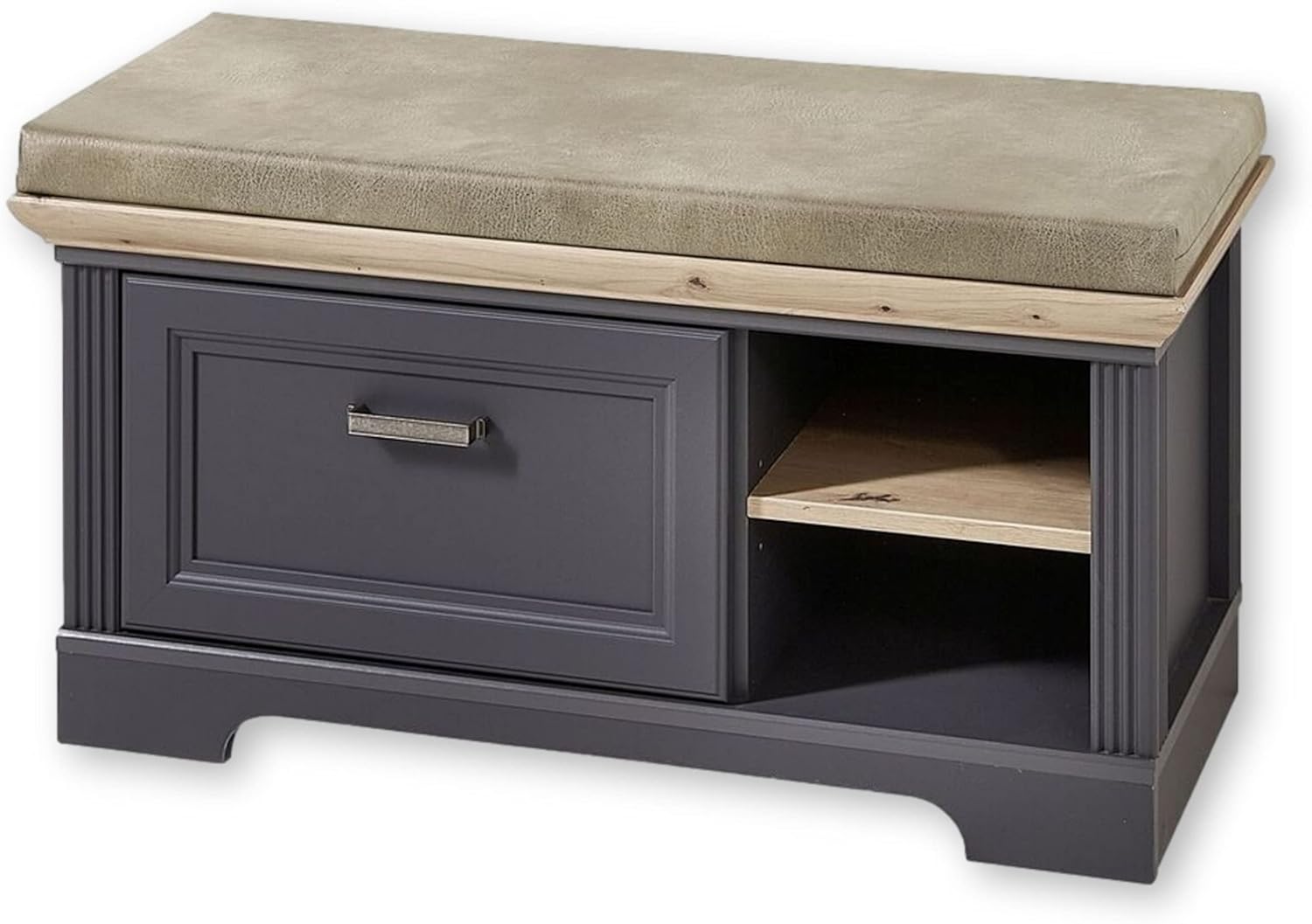 Stella Trading JASMIN Schuhbank mit Sitzfläche in Graphit, Artisan Eiche Optik - Landhausstil Sitzbank gepolstert mit Stauraum für Flur und Garderobe - 93 x 49 x 41 cm (B/H/T)
