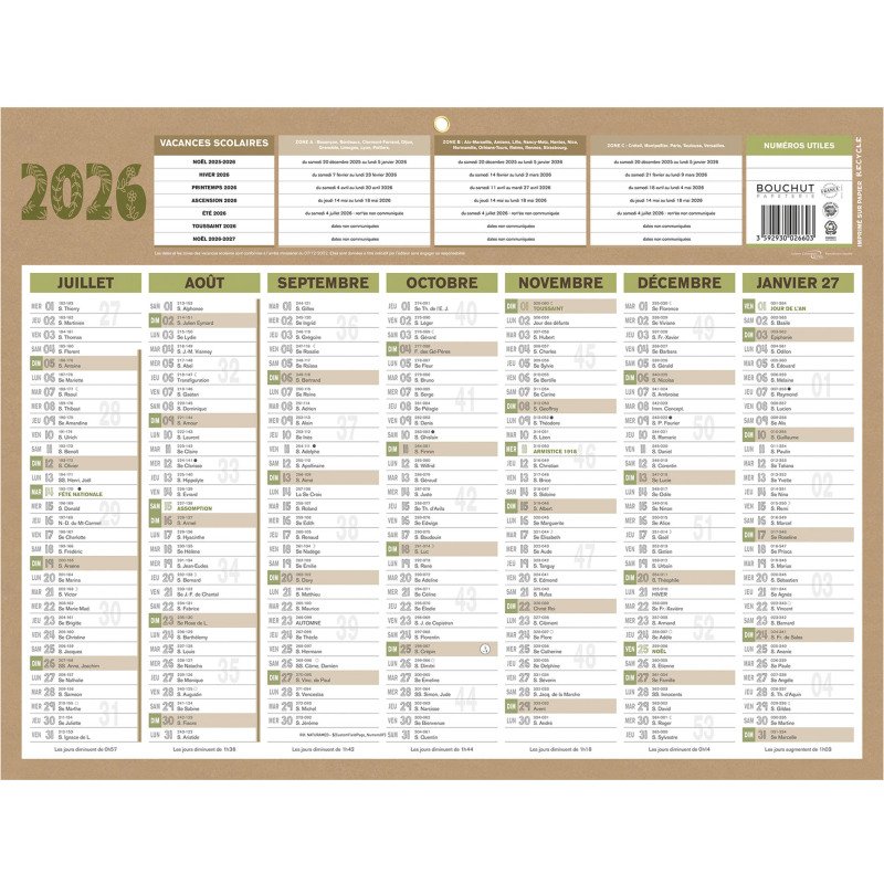 Calendrier semestriel mural 2027 - Natura - L 42 x 32 cm
