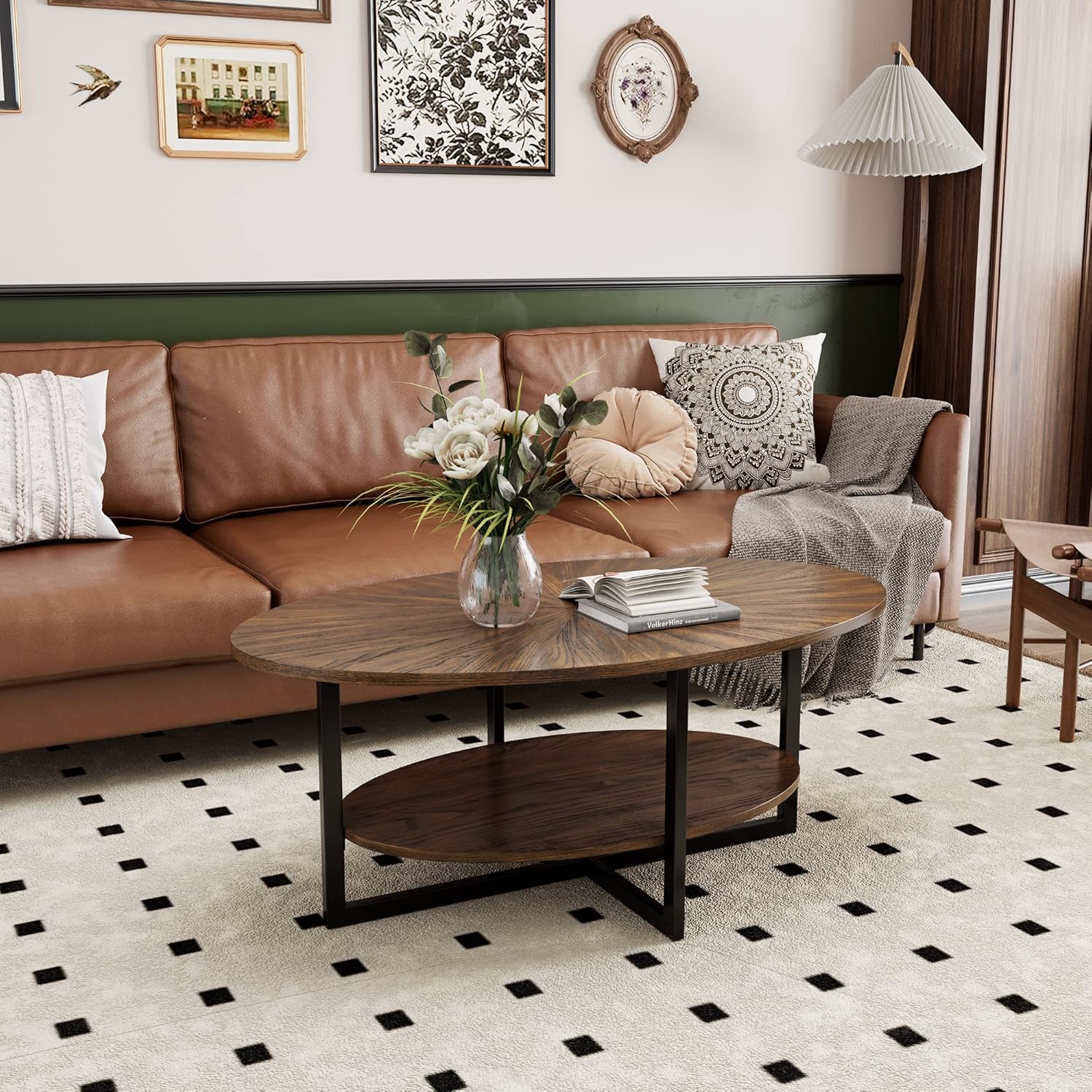 Massivholz Couchtisch rund für 2 Etagen, Ovaler Couchtisch im Modern-vintage Stil, Massivholzplatte & Kreuzförmige Eisenbeine, Kaffeetisch, Wohnzimmertisch, 110 x 66 x 45.5 cm, einfache Montage, NC