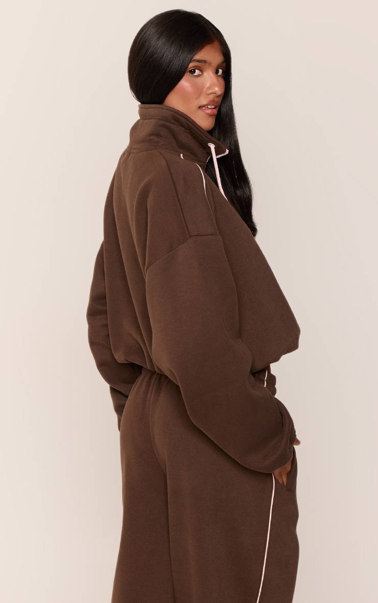 Chocolat Sweat-shirt Court À Cordon Contrasté Avec Zip Quart