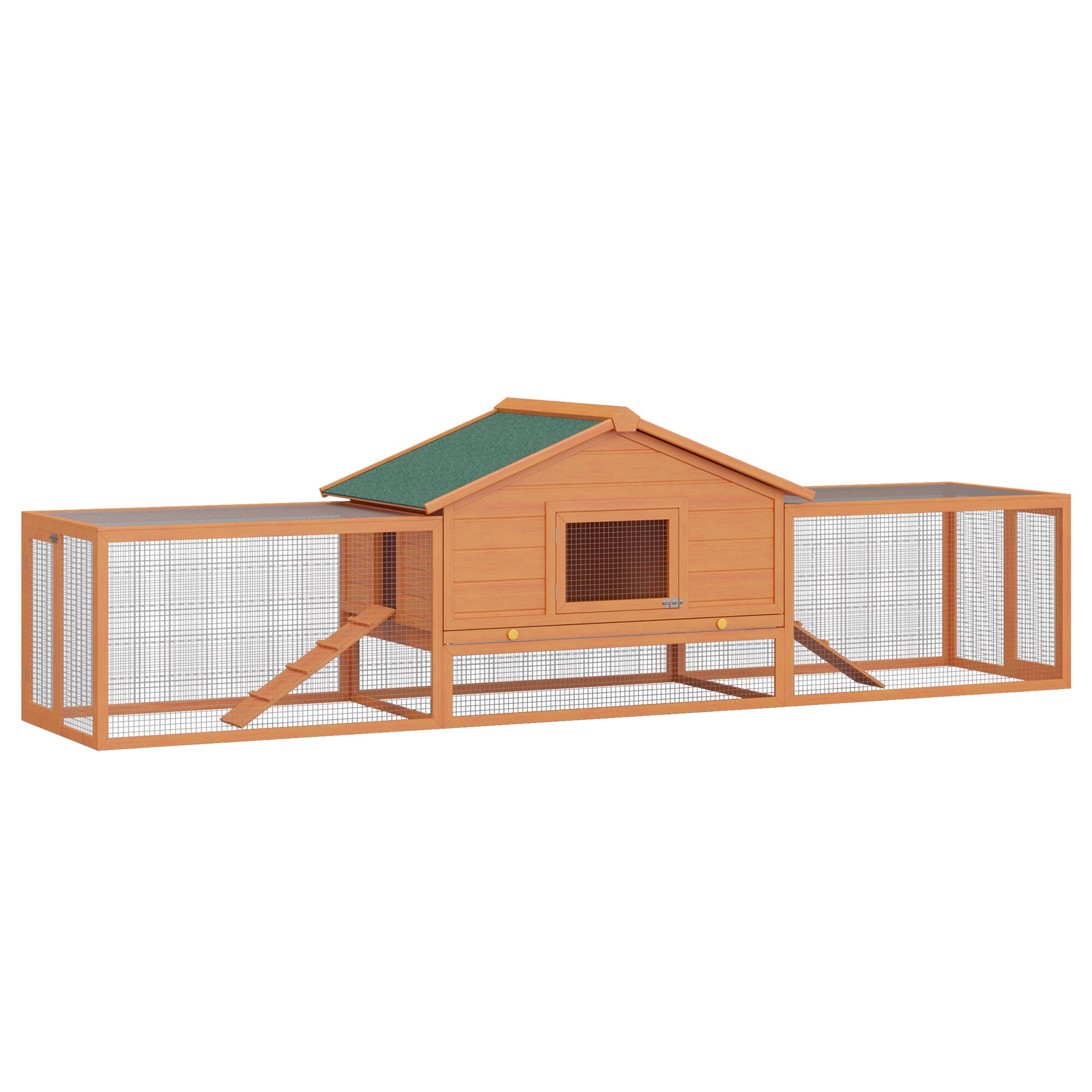 PawHut Kaninchenstall mit Seitengehege braun, grün 310 × 68 × 87 cm (LxBxH)