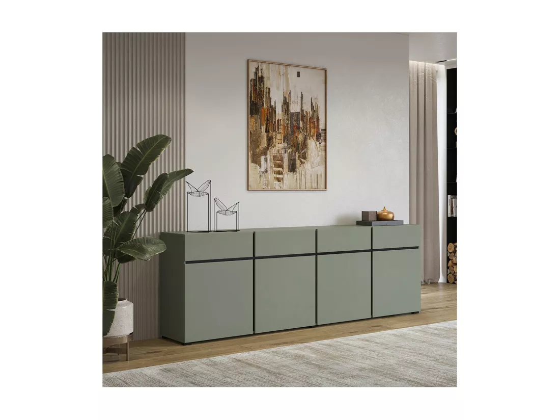 Buffet XL coloris vert sauge 225cm collection HAVANA. Bahut design avec 4 portes et 4 tiroirs.