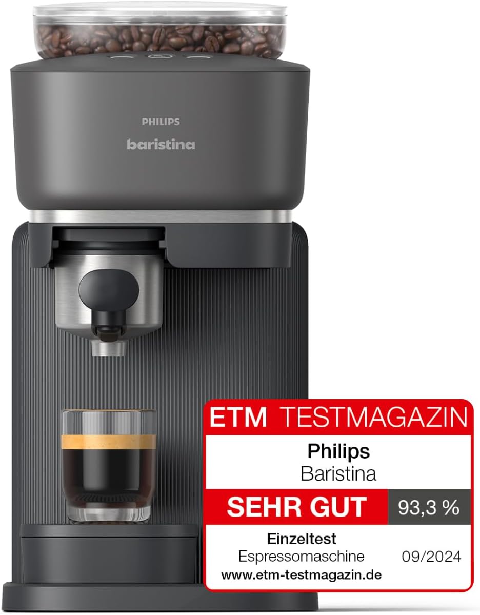 Philips Baristina Espressomaschine - Real Espresso, made simple, Kompakte Kaffeemaschine, Schwarzgrau mit schwarzgrauem Siebträger, 16-bar-Pumpendruck, automatisches Mahlwerk, Cafe Crema (BAR300/60)