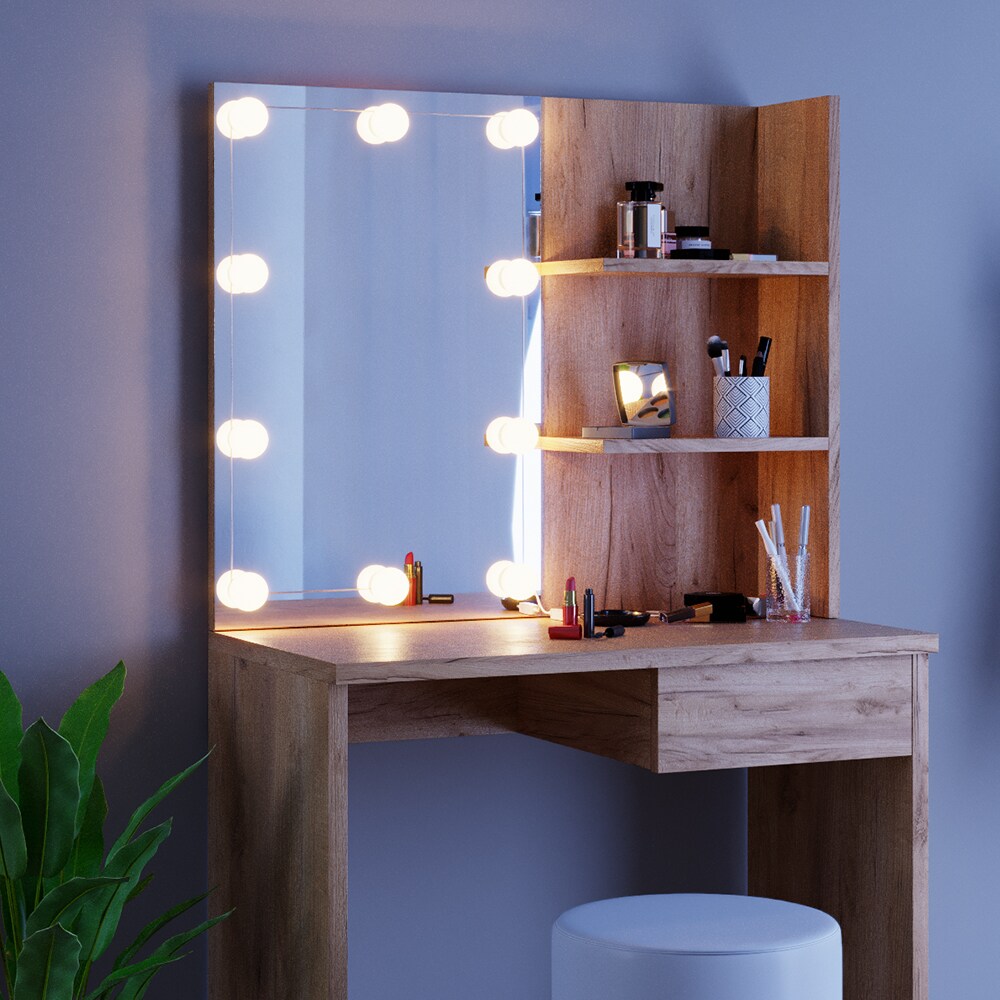 VICCO LED Schminktisch DEKOS Frisiertisch Kommode Kosmetiktisch Eiche Hocker