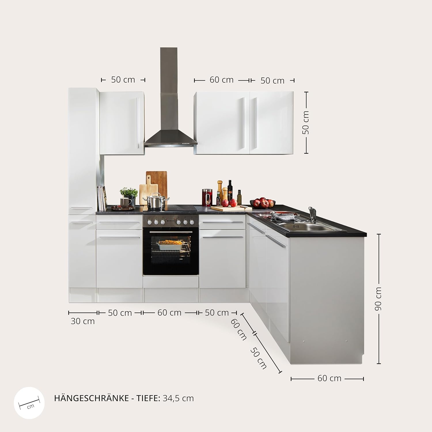 Stella Trading Jazz 8 Moderne Eckküche mit Elektrogeräten in Weiß Hochglanz, Metallic Grau - Geräumige Küchenzeile in L-Form mit viel Stauraum - 250 x 211 x 60 cm (B/H/T)