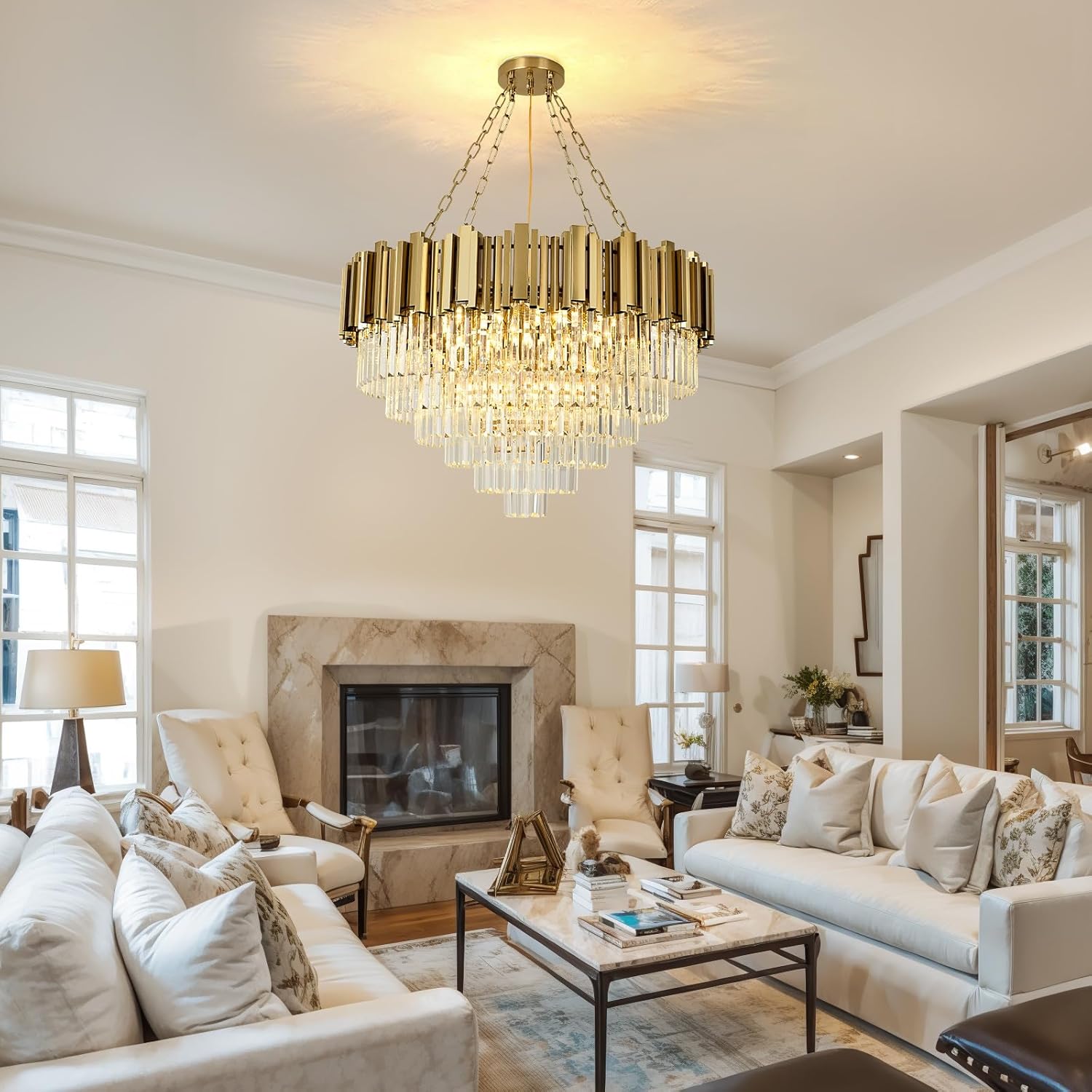 Modern Crystal Chandelier Gold Pendant Light Fixtures, Round Crystal Pendant Lighting for Living Room, Dining Room, Bedroom, Restaurant, E14 x 12, Φ80cm