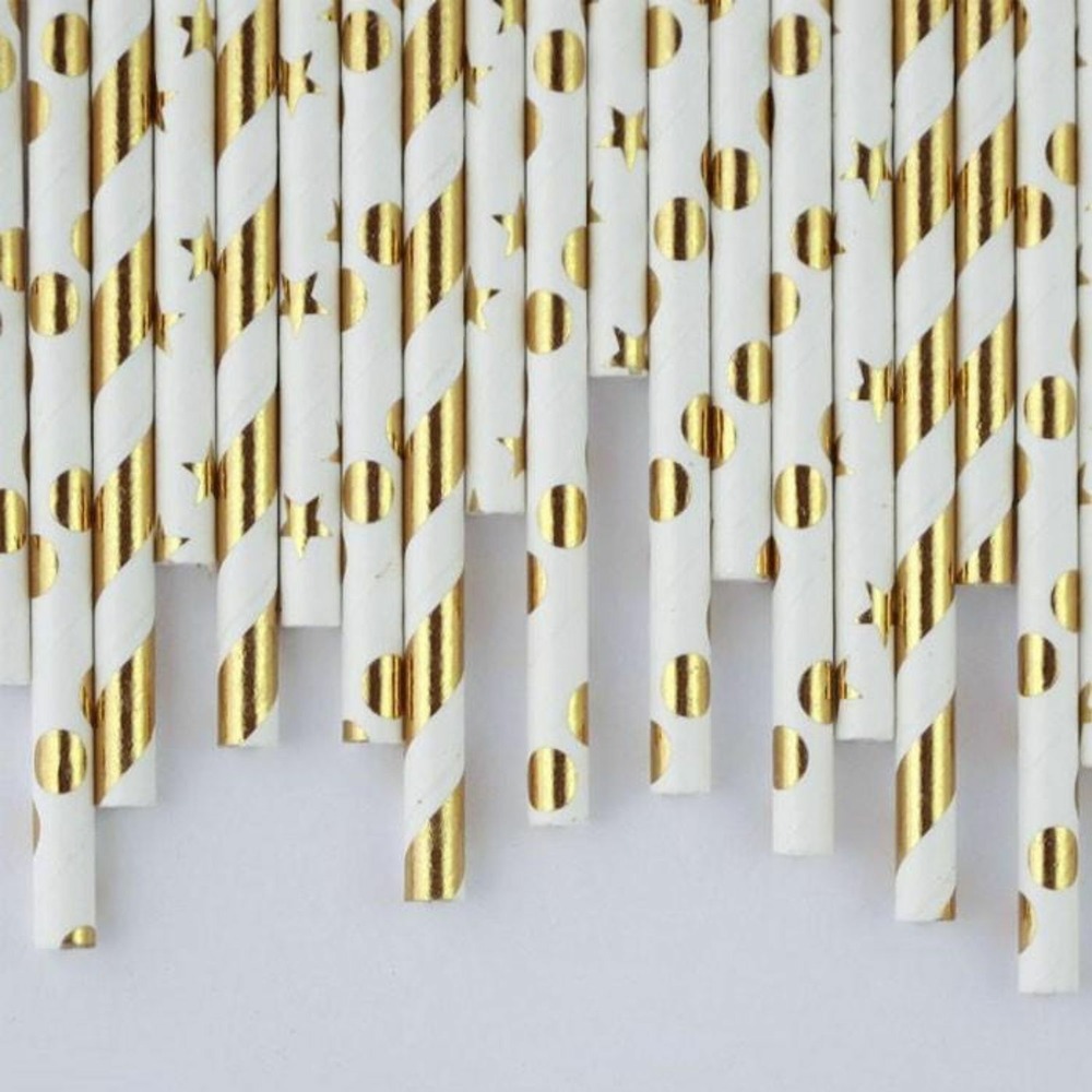 48 pailles en papier doré et blanc