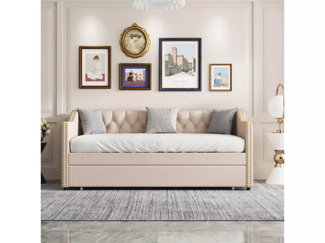 Lit gigogne lit banquette 90x200cm en lin avec sommier à lattes - Beige