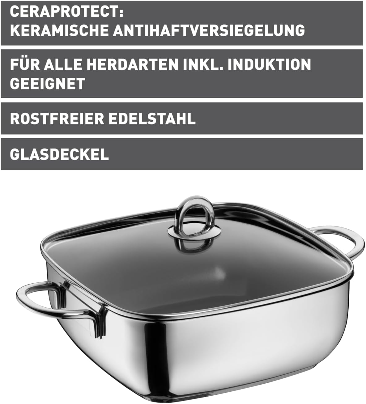 Silit Studio Bräter mit Deckel backofengeeignet, 29 x 29 x 10 cm, Schmortopf Induktion, Edelstahl beschichtet, Glasdeckel
