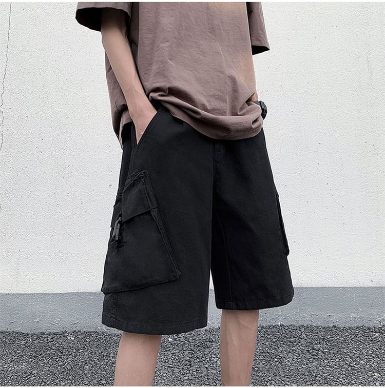 Femilina - Mid Rise Washed Buckled Cargo Shorts