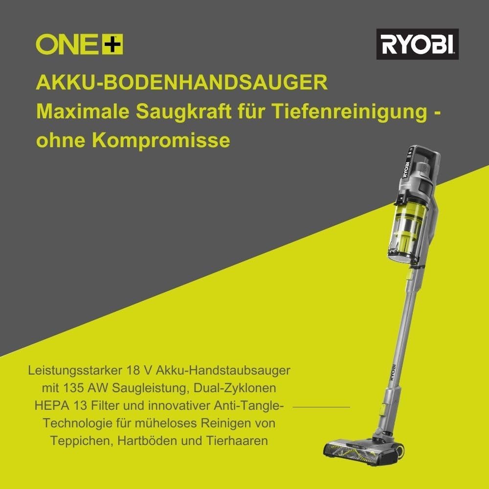 RYOBI 18 V ONE+ Brushless Akku-Staubsauger RSVS18BL-1C40G, 90 AW Saugleistung, bürstenloser Motor, inkl. 4,0 Ah Akku und 2,0 A Ladegerät, Anthrazit