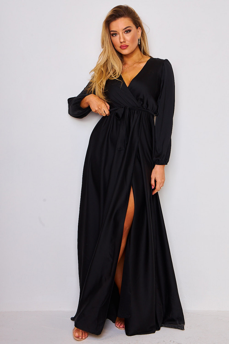 Robe maxi fendue noir en satin à attacher