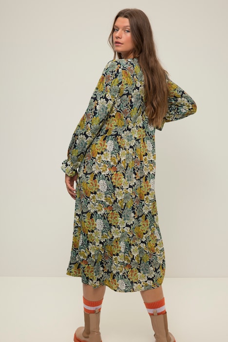 Kleid, A-Line, Flower Print, V-Ausschnitt, Langarm
