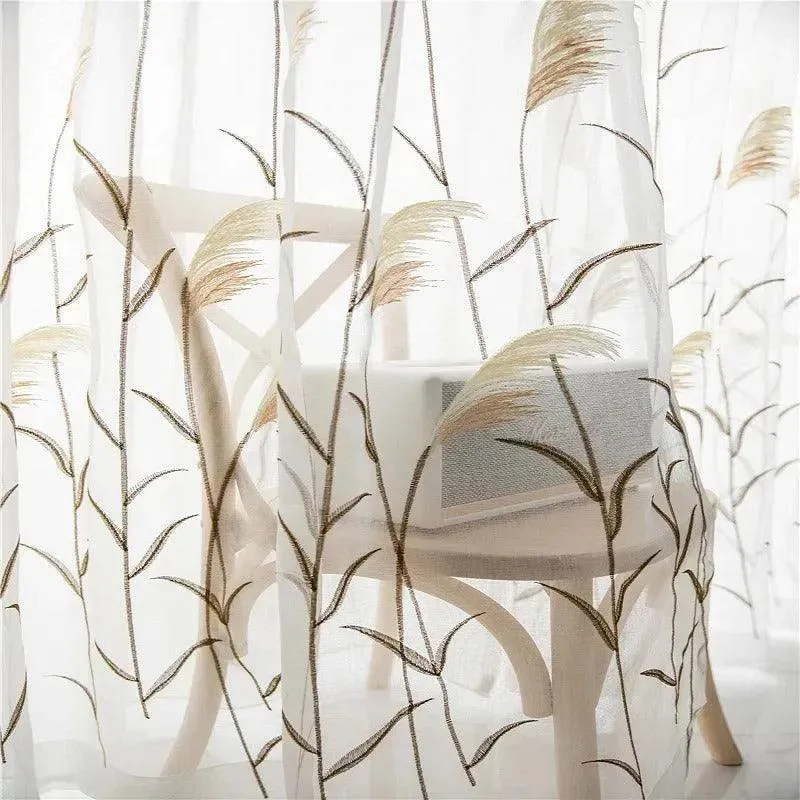 Modern Reed Leaf Embroidered Tulle Curtain | Modern Transparent White Yarn Curtain