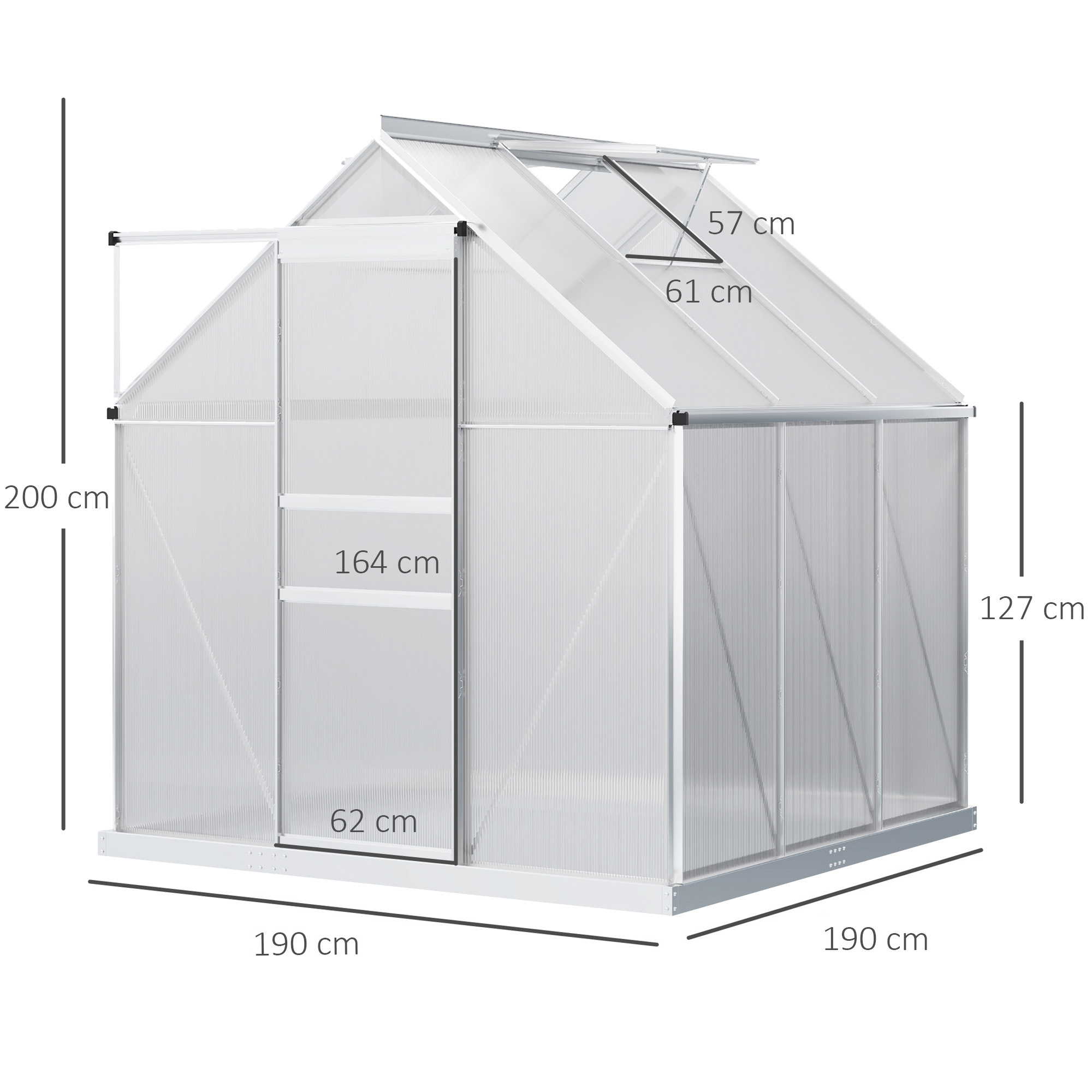 Estufa de jardim Outsunny em policarbonato e alumínio, 190x190x200 cm (3,6 m²), com base, porta de correr e 2 claraboias, para cultivo de plantas e sementes. Transparente.