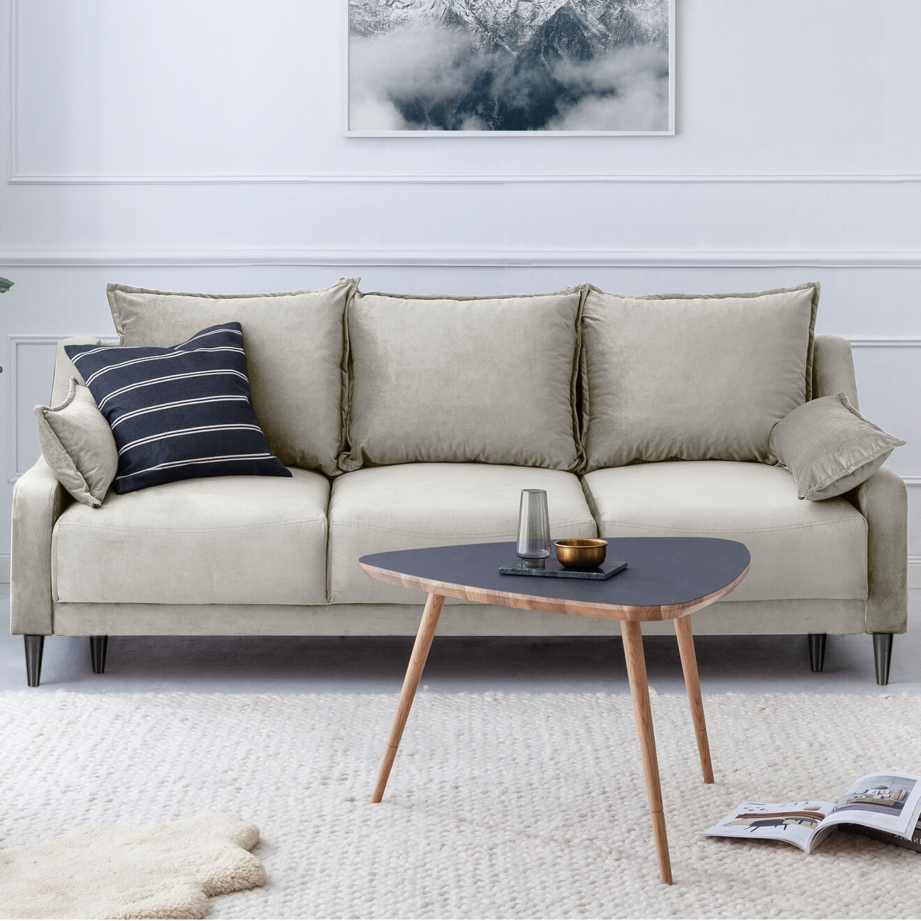 Mazzini Sofas Canapé Convertible avec Coffre en Velours Freesia beige - 215x94x90 cm