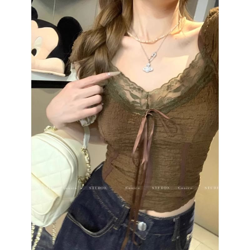 Secolo - Blouse met korte mouwen, ronde hals, kanten rand en strik