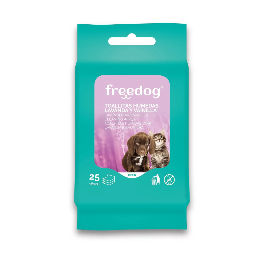 Lenços umedecidos Freedog com lavanda e baunilha para cães e gatos.