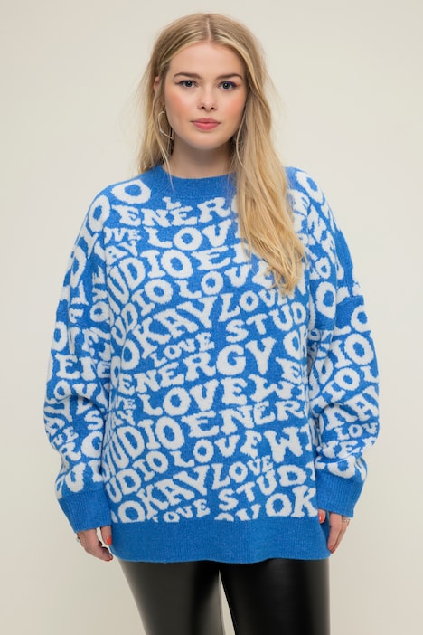 Pullover, oversized, Writing-Muster, Rundhals, Langarm