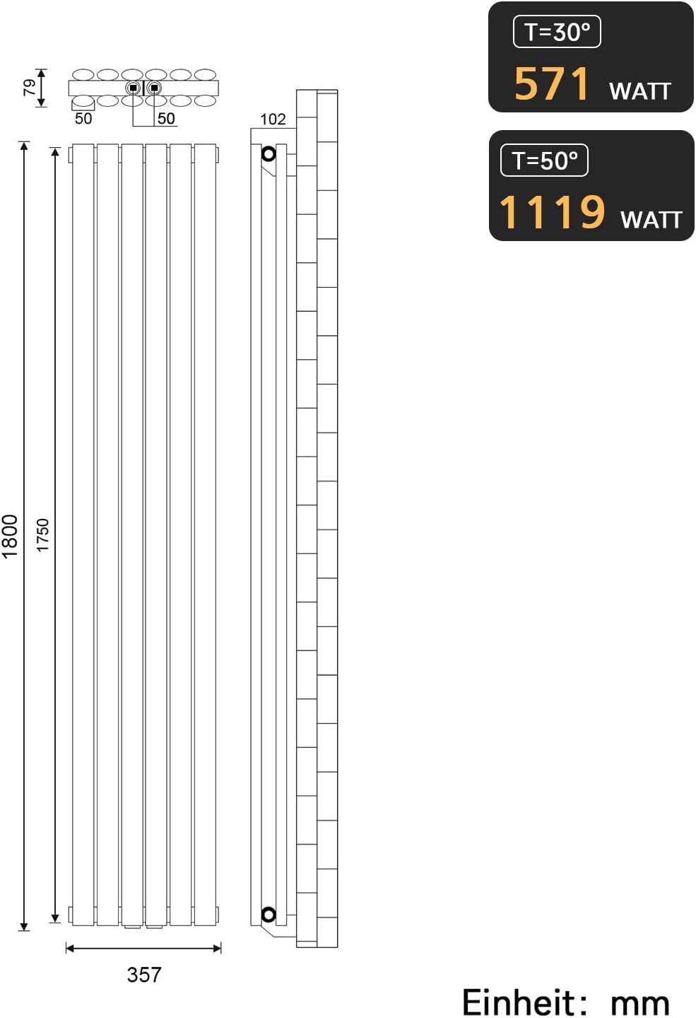 ELEGANT Design Röhren Heizkörper Vertikal 1800x350mm Weiß Oval Paneelheizkörper Mittelanschluss Doppellagig