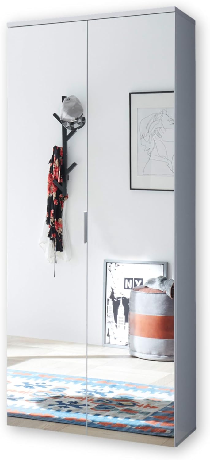 LINCOLN Schuhschrank hoch mit Spiegeltüren, Weiß - Vielseitiger Mehrzweckschrank mit 11 verstellbaren Einlegeböden - 80 x 190 x 35 cm (B/H/T)