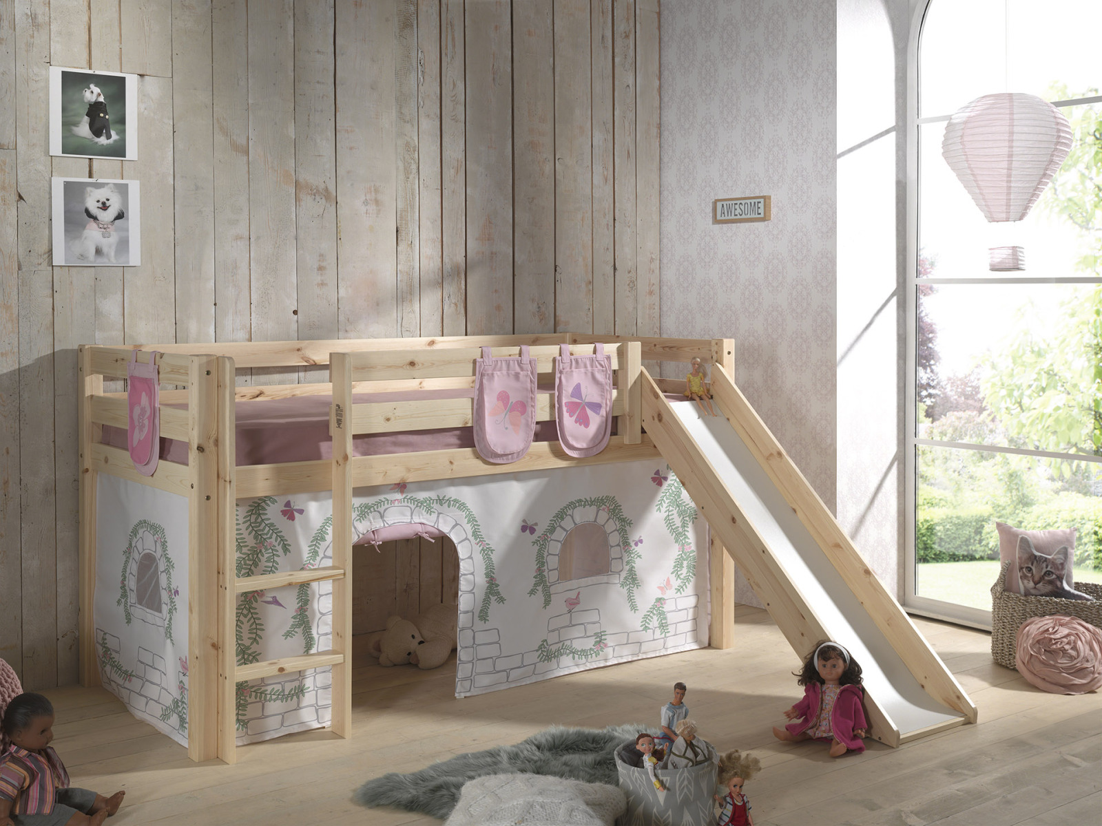 Spielbett PINO mit Rutsche und Vorhang BIRDY - natur - 3 Taschen - 90x200 cm