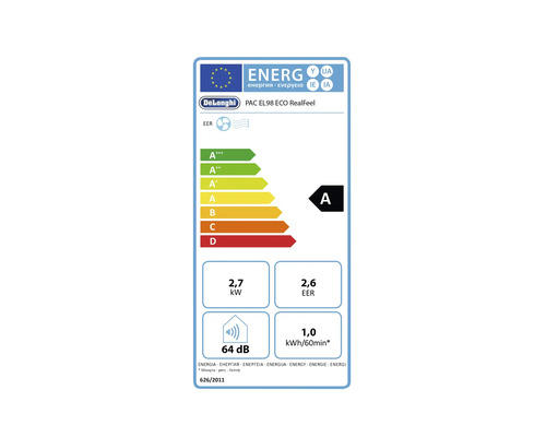 De'Longhi PAC EL98 ECO draagbare airconditioner voor ruimtes tot 95 m³ met 1,2 m afvoerslang