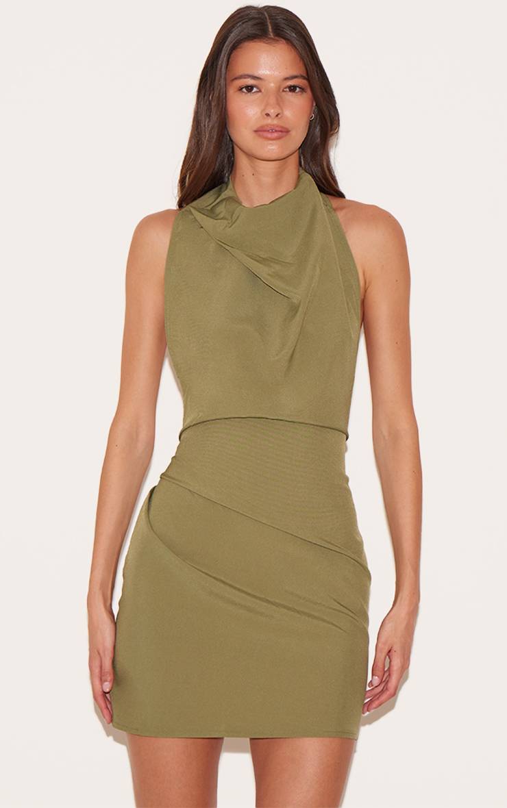 Kaki Robe Moulante Col Montant Avec Dos Nu Et Col Drapé