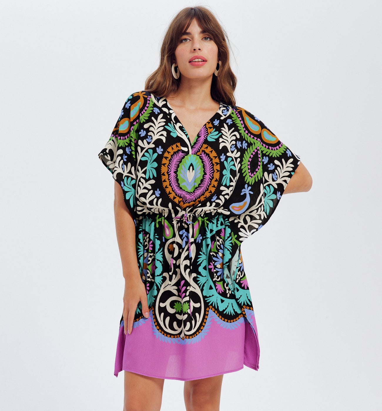 Robe caftan courte Femme - Imprimé noir