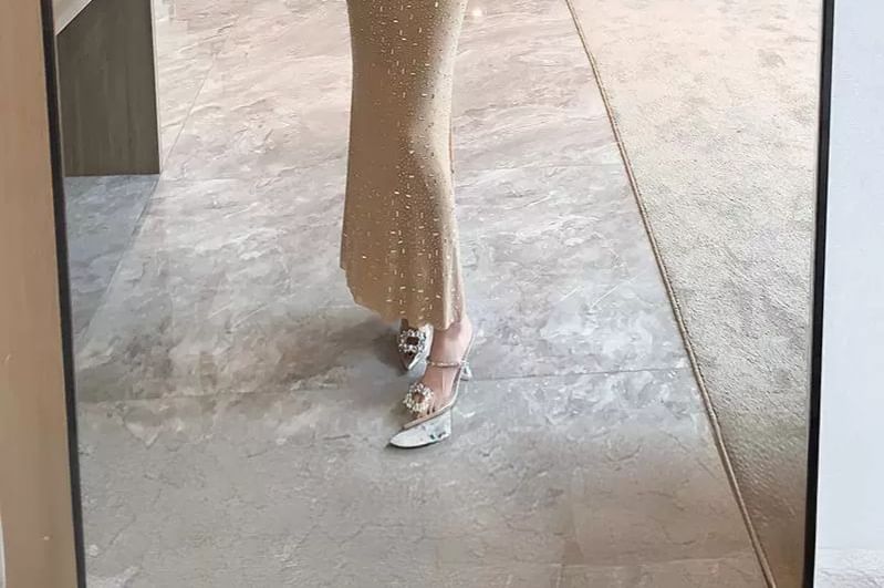 Aurora - Spaghettibandjes Maxi-jurk met effen strass