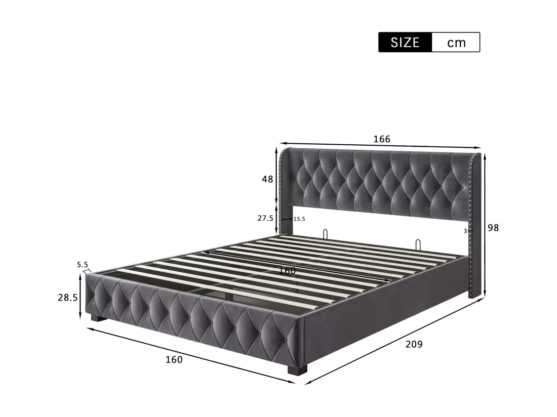 Lit coffre rembourré en velours - décoré de rivets - avec sommier à lattes - 160x200cm - Gris
