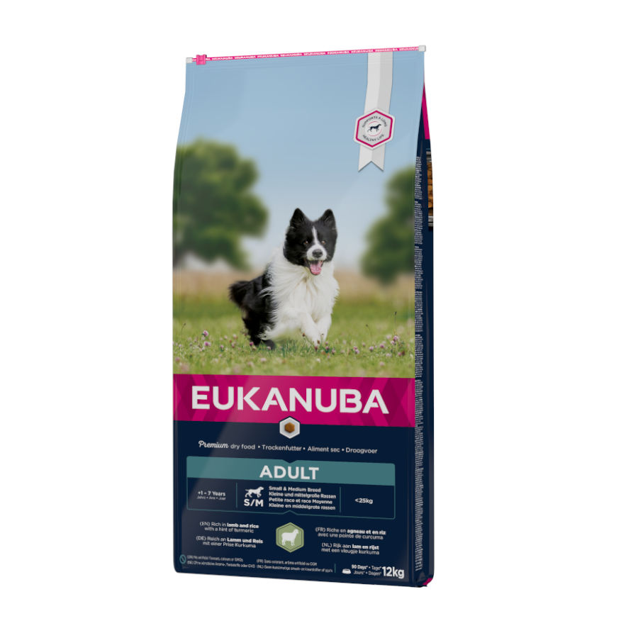 Ração Eukanuba Adult para cães de porte pequeno e médio, com cordeiro e arroz.
