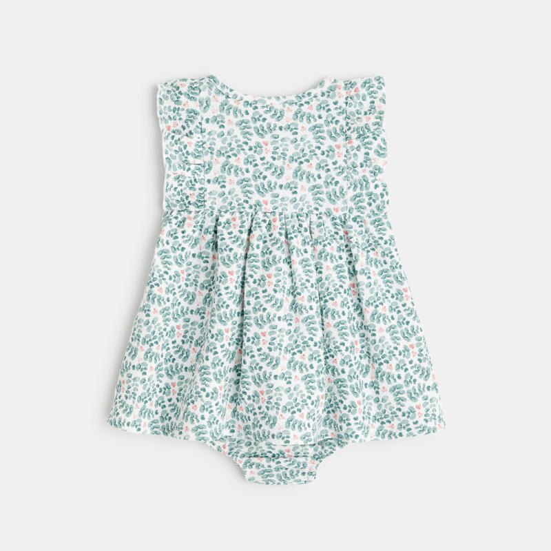 Robe fleurie gaufrée et bloomer verte naissance Vert