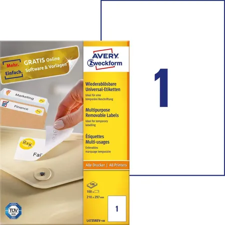 Avery Zweckform L4735REV-100 Universal-Etiketten,A4 210 x 297 mm, 100 Bogen/100 Etiketten, weiß